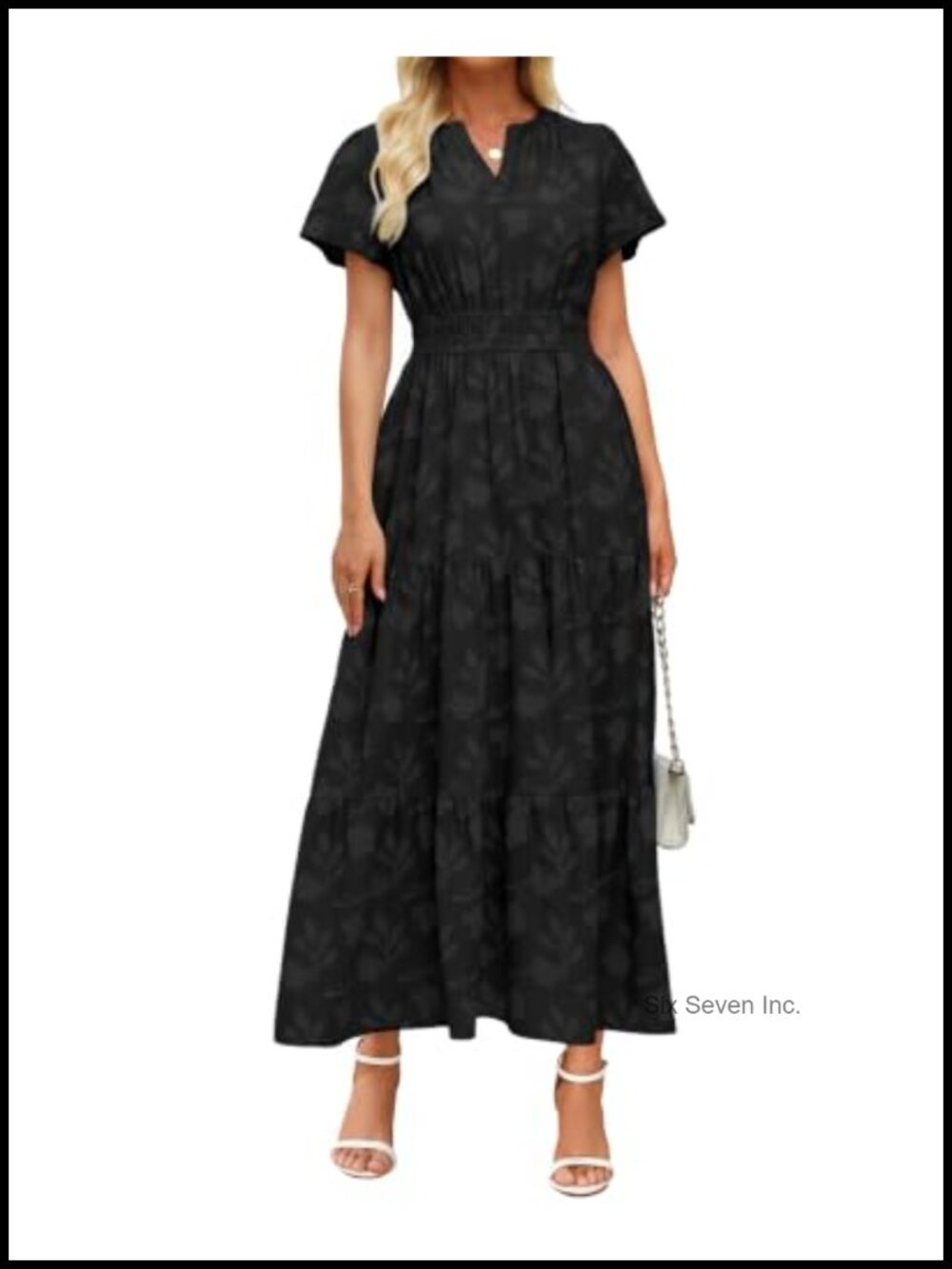 Boho Burnout Maxi Dress V Neck Puff Sleeve Smocked Empire Waist